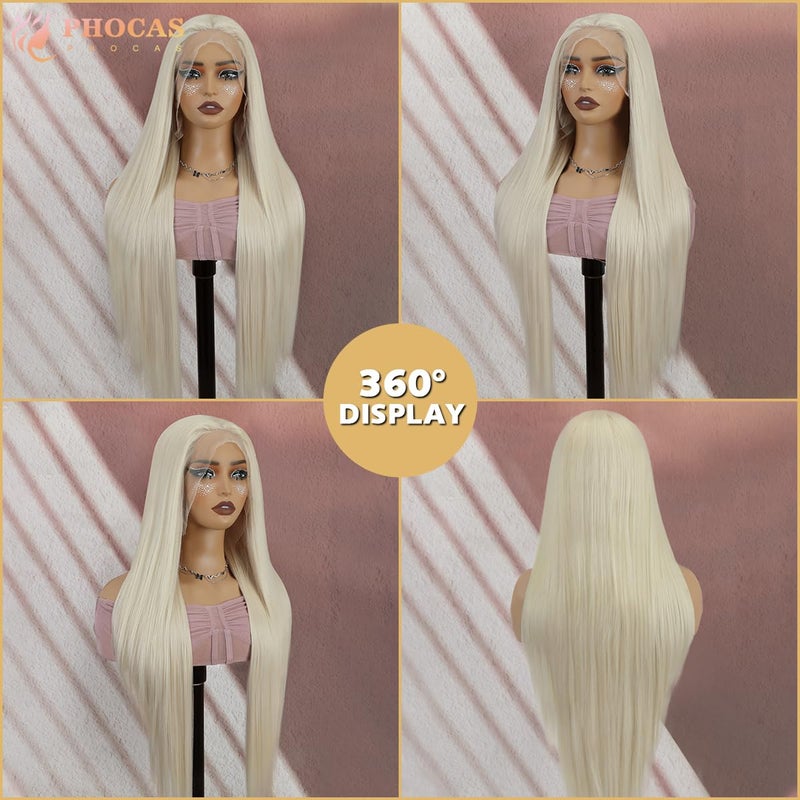 PHOCAS 30 Inch Platinum Blonde Synthetic Lace Front Wig Long Straight Blonde Wig 13x3 Pre Plucked Frontal HD Lace Front Wigs for Women Cosplay Party Halloween Daily - Image 3